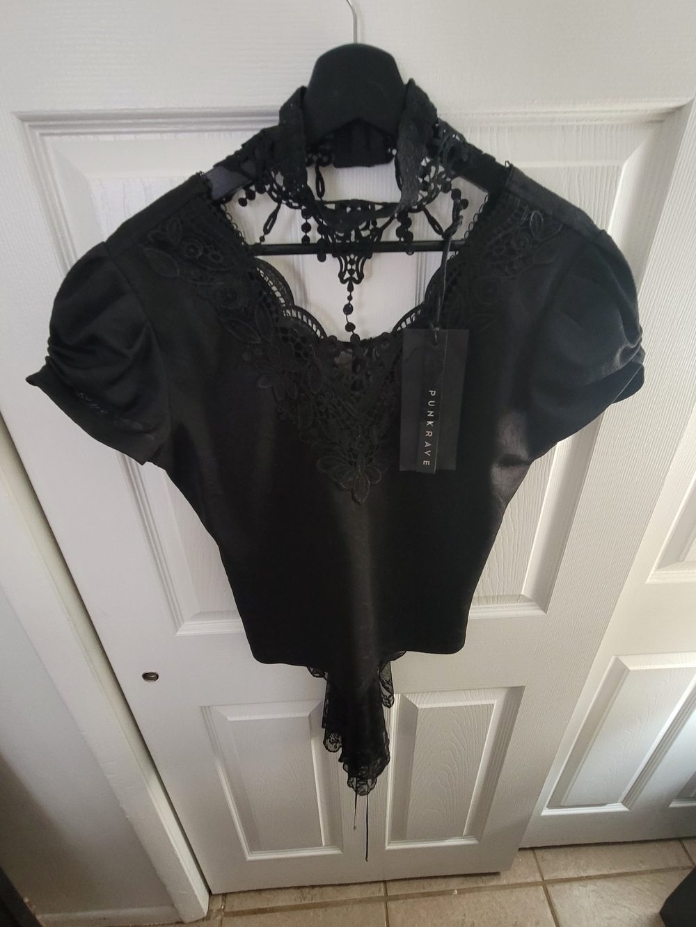 Punk Rave Women's Black Lace-Trim Puff Sleeve Blouse
